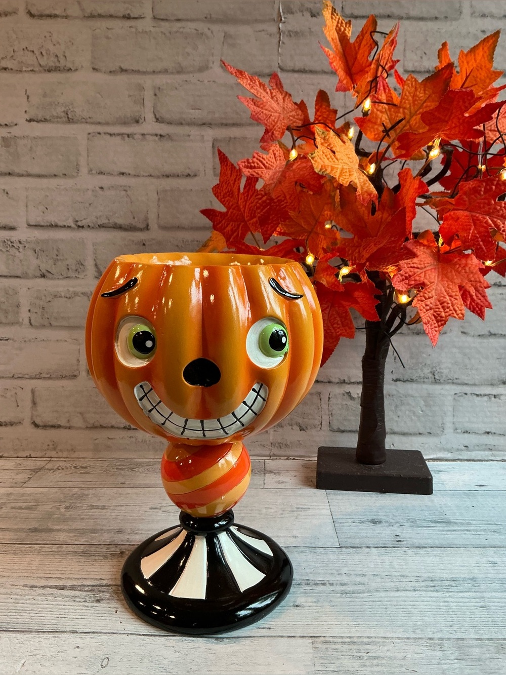 TOIL AND TROUBLE 9in Pumpkin Face Candy Bowl On Pedestal